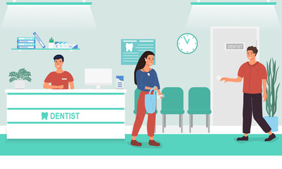 Reception area at a dentists surgery with patients arriving and leaving and a receptionist at a desk, colored vector illustration