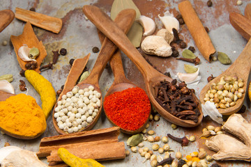 Aromatic spices on wooden spoons. Food ingradients.


