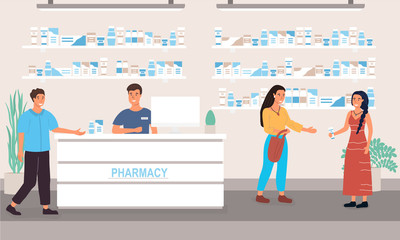 Customers in a pharmacy receiving assistance from the sales staff and friendly pharmacist. Drustore concept. Flar style colored vector illustration