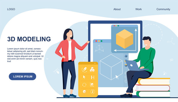 Webpage template for 3d modelling showing a man and woman working on an online digital interface, colored vector illustration