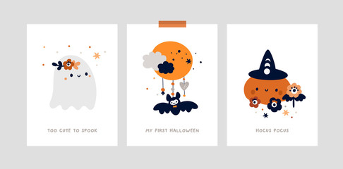 Milestone cards set for kids Halloween party. Nursery print, poster with little cute ghost, pumpkin. Baby shower cards collection. Ideal for kids room decoration, clothing, prints, anniversary, party