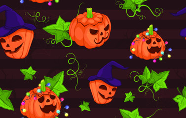 Seamless background of merry Halloween. Pumpkin, smile, face, pumpkin head, spider web, pumpkin leaves on dark orange background. For wrapping paper, Wallpaper or banners.