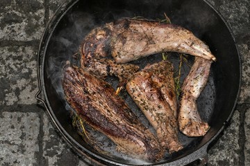  briefly seared hare meat in the cast iron dutch oven pot © Lars Gieger