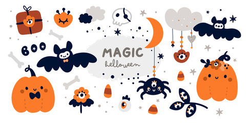 Halloween sticker collection: ghost, witch, pumpkin, rainbow.Happy Halloween childish collection with design elements. Ideal for cards, poster, prints, anniversary, invitation and party decoration