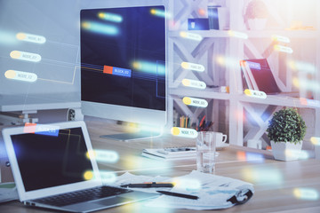 Multi exposure of computer on background and technology theme drawing. Concept of innovation.