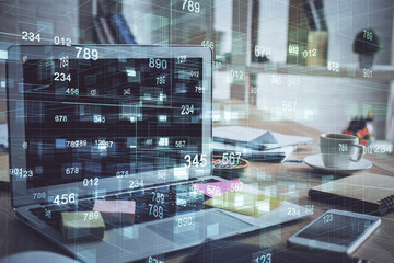 Technology theme drawing and work space with computer. Double exposure. Concept of innovation.