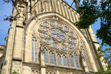 Buen Pastor Cathedral in the city of San Sebastian, Basque Country, Spain. large rose window with stained glass windows