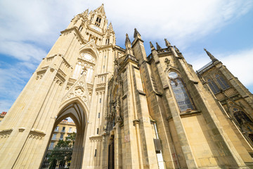 main tower with neo-gothic pinnacles. Buen Pastor Cathedral in the city of San Sebastian, Basque Country, Spain.