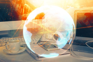 Multi exposure of business theme icons and table with computer background. Concept of success.