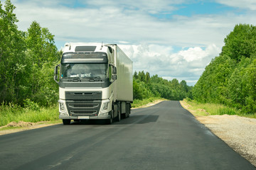 Fototapeta na wymiar Truck on the road with a wagon full of cargo.