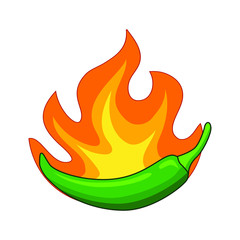 red hot chili pepper on fire vector illustration isolated on white background. Illustration of food hot chilli pepper in minimalis style. Simple logo vector illustration for graphic and web design.