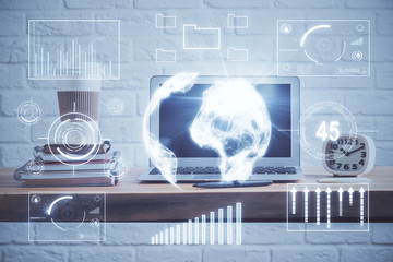 Financial market graph hologram and personal computer on background. Double exposure. Concept of forex.
