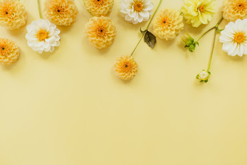 Orange, white, flowers dahlias on yellow pastel background. Flowers composition. Flat lay, top view, copy space. Summer, autumn concept.