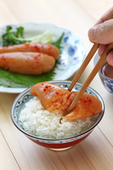mentaiko( spicy cod roe) on rice, japanese food