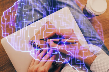 Haman brain multi exposure icon with man hands background.