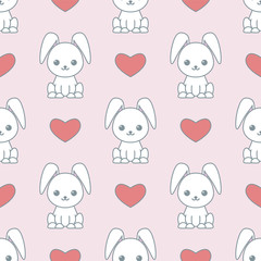 Cute seamless pattern with cartoon funny rabbits and hearts. Romantic background. Pattern with doodle. Vector kawaii illustration.