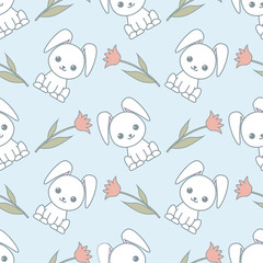 Cute seamless pattern with cartoon funny rabbits and flowers. Romantic background. Pattern with doodle. Vector kawaii illustration.