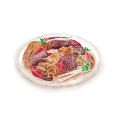 Watercolor Illustration of Chinese Cuisine - Hmong's duck with rice cake supplemented duck blood on a plate | 血粑鸭