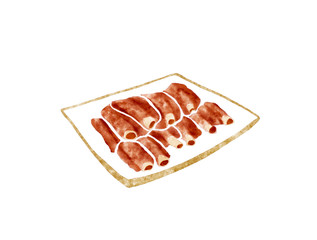 Watercolor Illustration of Chinese Cuisine - Sweet and sour pork ribs on a plate | 糖醋排骨
