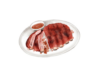 Watercolor Illustration of a Cuisine - Grilled ribs on a plate with brown sauce