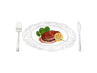 Watercolor Illustration of a Cuisine - A plate of fried thick beef steak with broccoli and lemon slice, with a knife and fork next to it