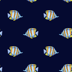 Beautiful drawing of bright fish. Picture painted with watercolors. Close-up