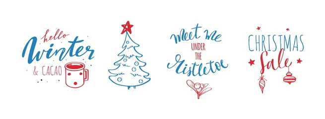 Happy new year and Christmas vintage handwritten lettering and calligraphy with doodle elements, invitations, cards