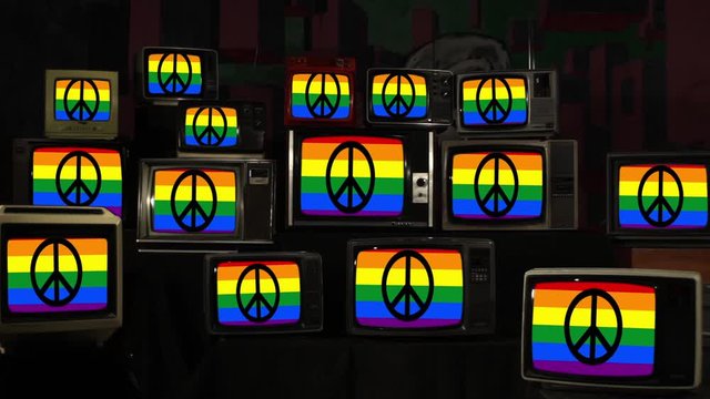 Peace Protest Flags on Televisions from the 60s, 70s, 80s and 90s. 