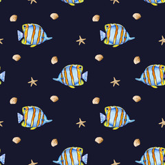 Beautiful drawing of bright fish. Picture painted with watercolors. Close-up