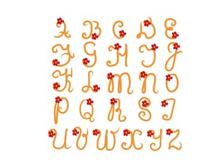 Alphabet latin vector with flowers, hand drawing. Font illustration color 