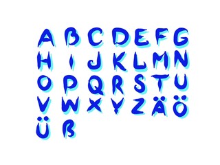 Alphabet german vector blue, hand drawing. Font illustration color 