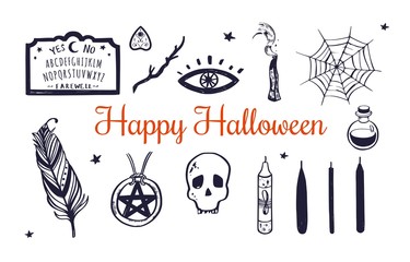 Happy Halloween Vector hand drawn set. Witchcraft elements skull, candles, poition pentagram