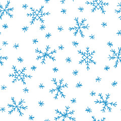 Blue snowflakes isolated on white background. Christmas seamless pattern. Hand drawn doodle. Winter design for textile, wrapping paper, fabric. Stock vector illustration