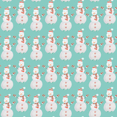 New Year Christmas Snowman watercolor Seamless pattern on mint green background. Hand drawn vintage card, fabric paper texture design. Watercolor Winter nature illustration