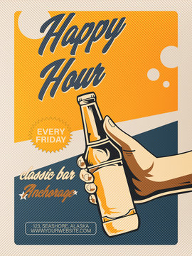 Happy Hour offer flyer template with beer bottle, wheat on colorful grunge background. Vintage discount invitation card template & advertising for web, poster, flyer, party. Eps 10.