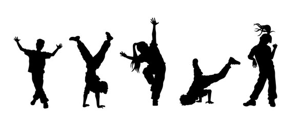 Children dancing street dance silhouette vector illustration. Hip hop, break dance, juzz funk, rap, freestyle - obrazy, fototapety, plakaty