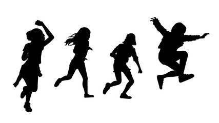Naklejka na ściany i meble Children running and jumping silhouette vector illustration. Active teenager having fun isolated on white background.