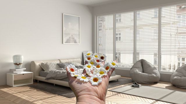 Woman's hand holding daisies, spring and flowers idea, over modern minimalist bedroom with double bed, wooden and concrete walls, panoramic window, lamp, parquet, interior design - Powered by Adobe