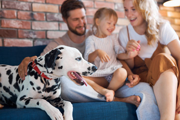 portrait of young caucasian family having fun with dog at home, parents and child rest, relax at...