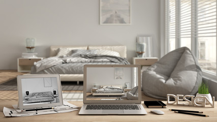 Architect designer desktop concept, laptop and tablet on wooden desk with screen showing interior design project and CAD sketch, blurred draft in the background, modern bedroom