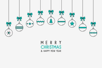 Christmas card with hanging baubles and greetings. Simple Xmas ornaments. Vector