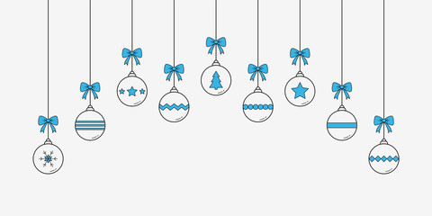 Xmas baubles on white background. Christmas ornament. Banner. Vector