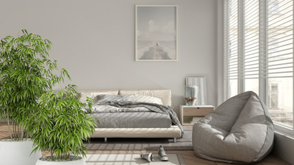 Zen interior with potted bamboo plant, natural interior design concept, minimalist luxury bedroom with carpets, double bed and window, contemporary modern architecture concept idea