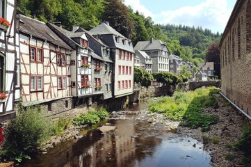Fototapeta na wymiar The historic half medieval timbered houses of pretty Monschau in Germany