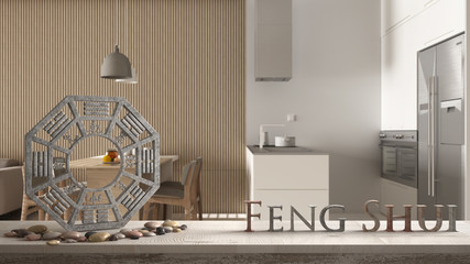 Wooden table shelf with ba gua, pebble stone and bamboo plants, minimalist white and wooden living room, dining table, zen concept interior design, feng shui template idea background