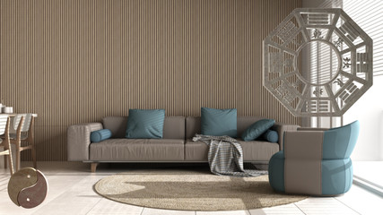 Interior design project with feng shui consultancy,living room, top view with bagua and tao symbol, yin and yang polarity, monogram concept background