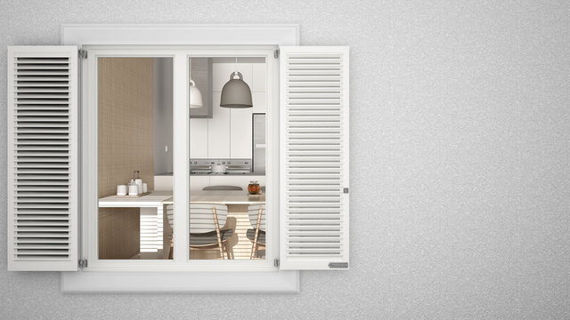 Exterior plaster wall with white window with shutters, showing interior kitchen with dining room, blank background with copy space, architecture design concept idea, mockup template