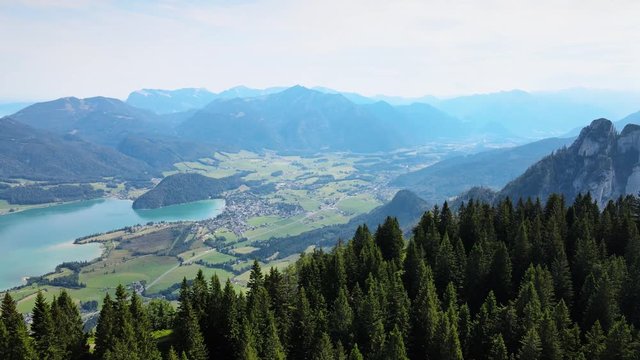 Wolfgangsee lake and St. Wolfgang im Salzkammergut town aerial panoramic view in Austria