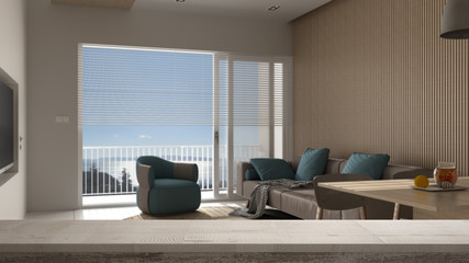 Wooden vintage table top or shelf closeup, zen mood, over classic minimalist living room with armchairs and kitchen with table and armchairs, white architecture interior design