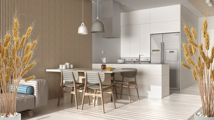 Potted straws with pebbles, dry plants, ornament, ears, sheaf, branch in vase over wooden and white kitchen with accessories, modern minimal interior design